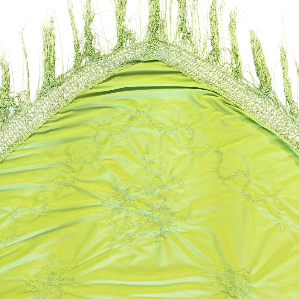 Heirloom Satin Pashmina Lime Green Floral Embroidered Fringe Triangle Shawl Wrap